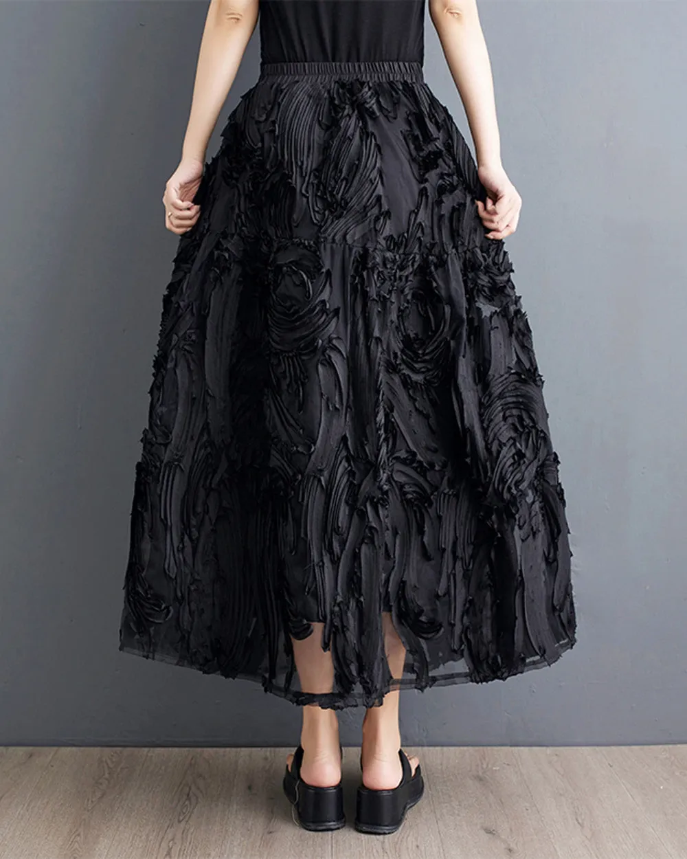ellazhu Women's Skirt Pleated Loose Tulle A-line Summer GZ206 Black