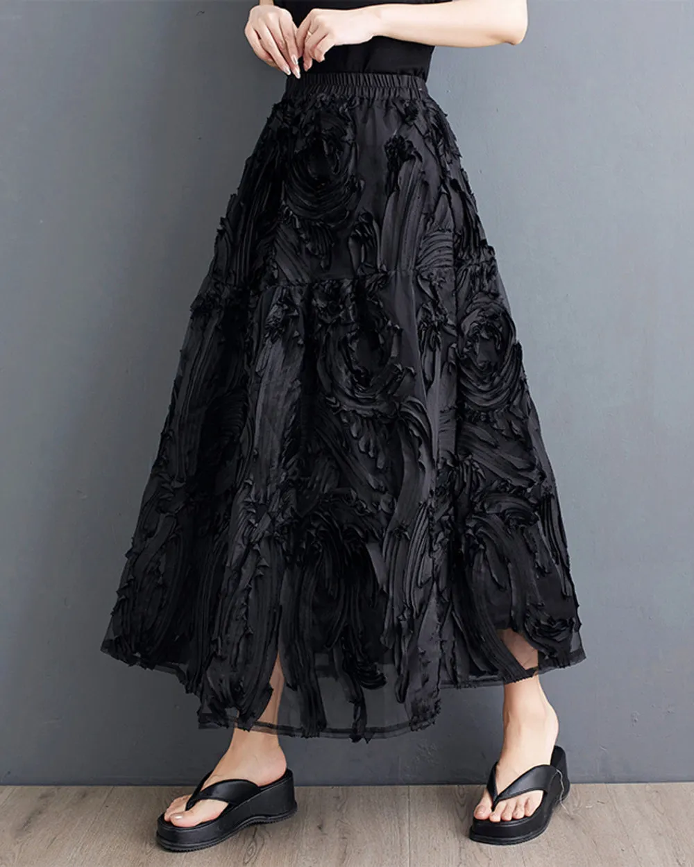 ellazhu Women's Skirt Pleated Loose Tulle A-line Summer GZ206 Black