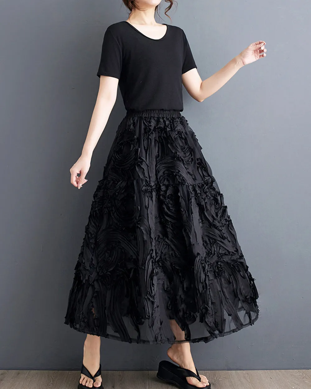 ellazhu Women's Skirt Pleated Loose Tulle A-line Summer GZ206 Black
