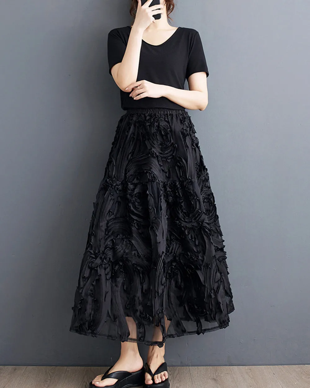 ellazhu Women's Skirt Pleated Loose Tulle A-line Summer GZ206 Black