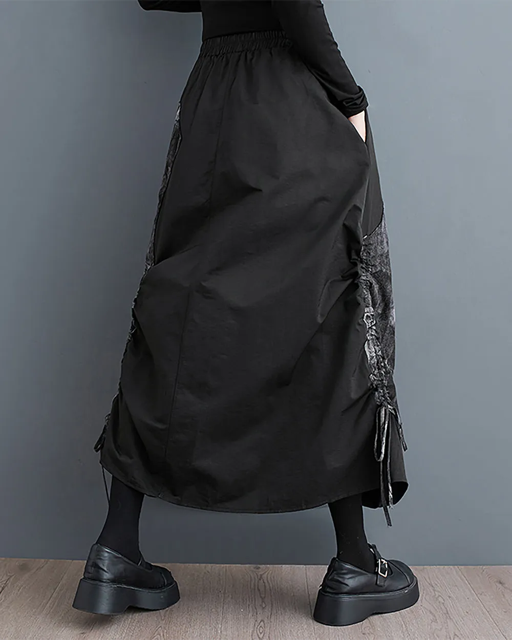 ellazhu Women's Skirt Wide Legs Elastic Waist Flowy Hem Patchwork Pockets Black Loose Oversize GZ249