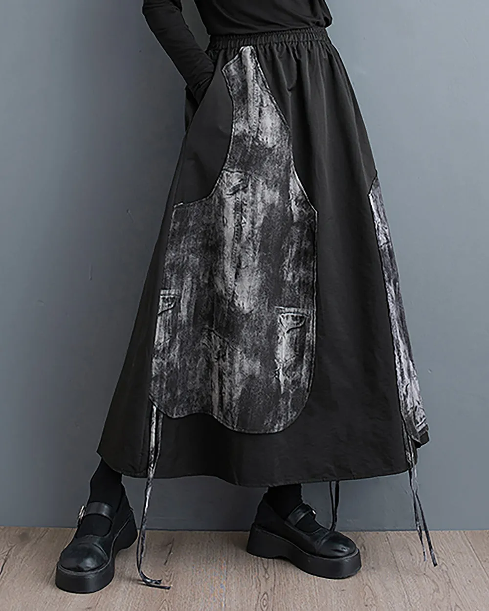 ellazhu Women's Skirt Wide Legs Elastic Waist Flowy Hem Patchwork Pockets Black Loose Oversize GZ249
