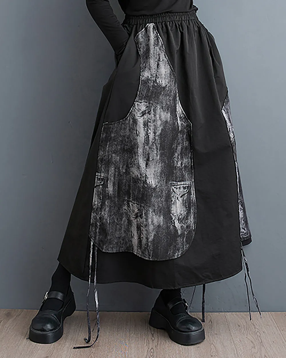ellazhu Women's Skirt Wide Legs Elastic Waist Flowy Hem Patchwork Pockets Black Loose Oversize GZ249