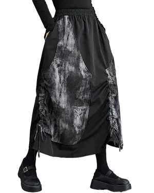 ellazhu Women's Skirt Wide Legs Elastic Waist Flowy Hem Patchwork Pockets Black Loose Oversize GZ249
