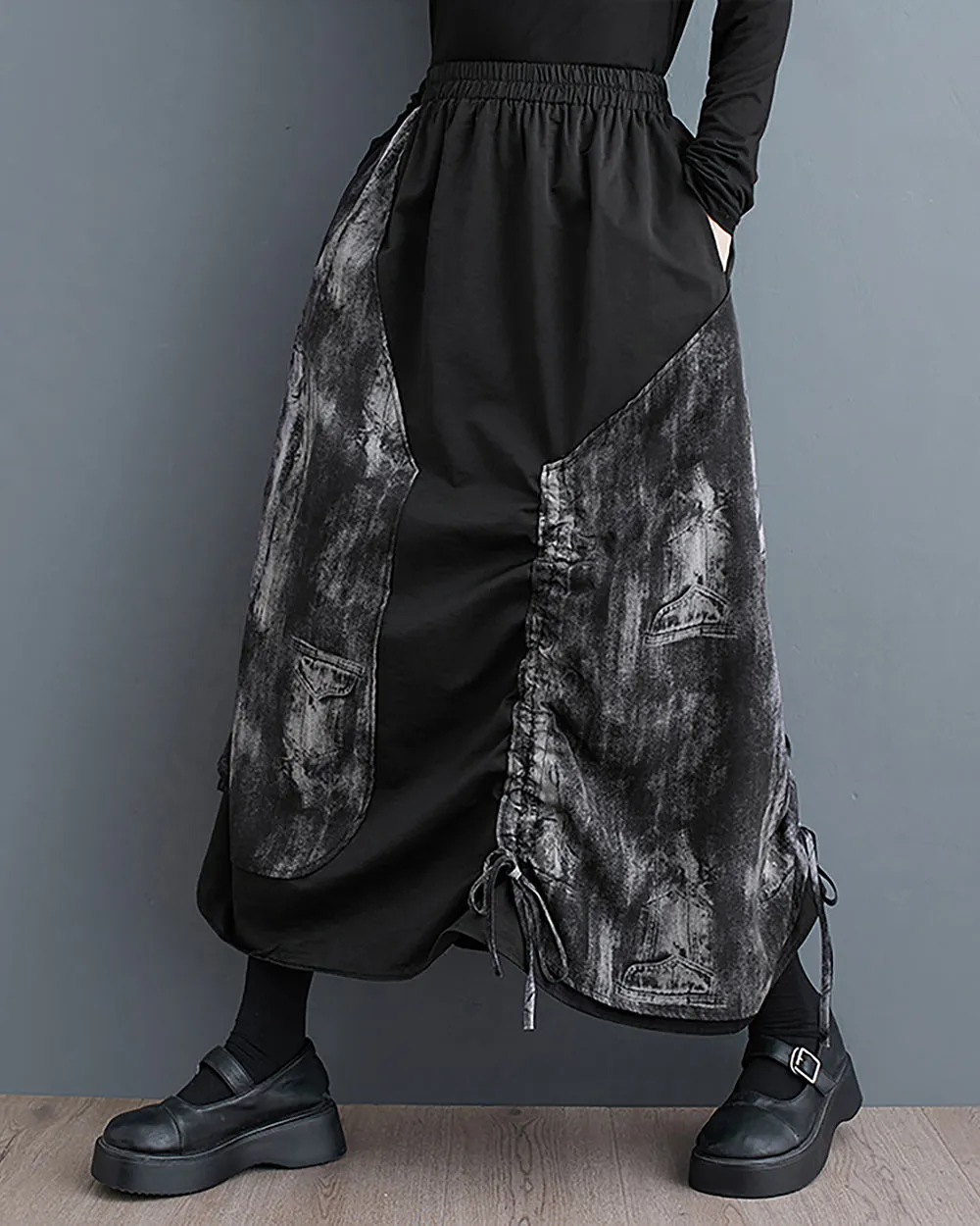 ellazhu Women's Skirt Wide Legs Elastic Waist Flowy Hem Patchwork Pockets Black Loose Oversize GZ249