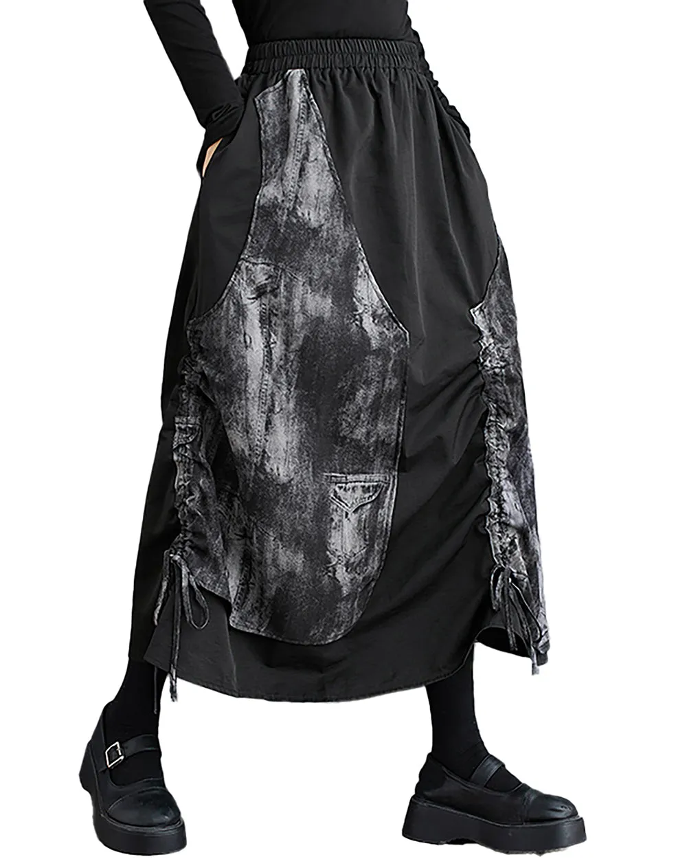 ellazhu Women's Skirt Wide Legs Elastic Waist Flowy Hem Patchwork Pockets Black Loose Oversize GZ249
