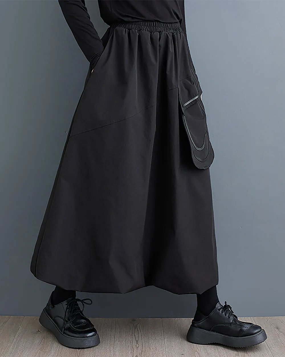 ellazhu Women's Skirt Wide Legs Elastic Waist Flowy Hem Pockets Solid Baggy Loose Oversize GZ265
