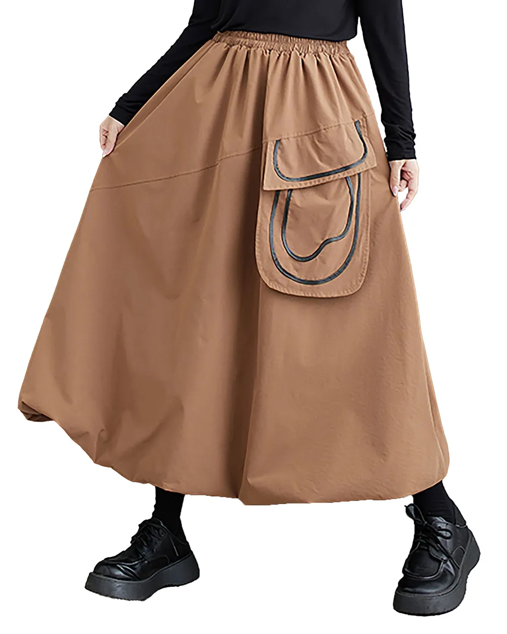 ellazhu Women's Skirt Wide Legs Elastic Waist Flowy Hem Pockets Solid Baggy Loose Oversize GZ265