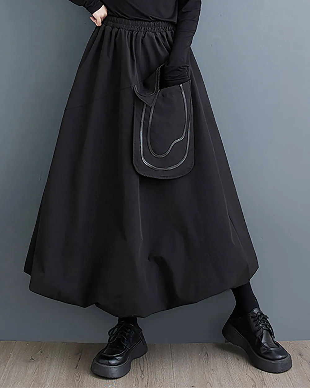 ellazhu Women's Skirt Wide Legs Elastic Waist Flowy Hem Pockets Solid Baggy Loose Oversize GZ265