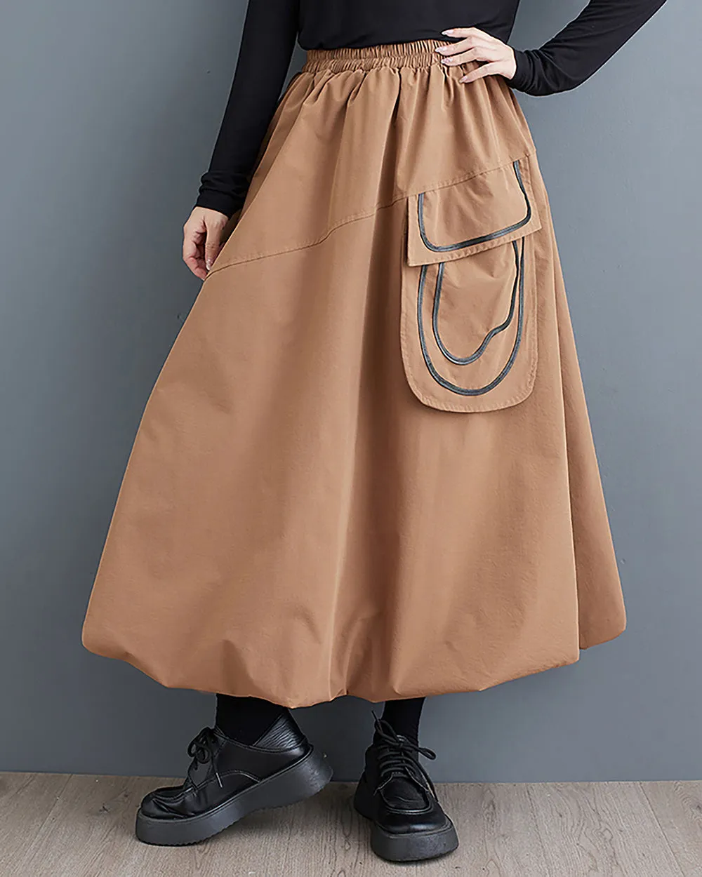 ellazhu Women's Skirt Wide Legs Elastic Waist Flowy Hem Pockets Solid Baggy Loose Oversize GZ265