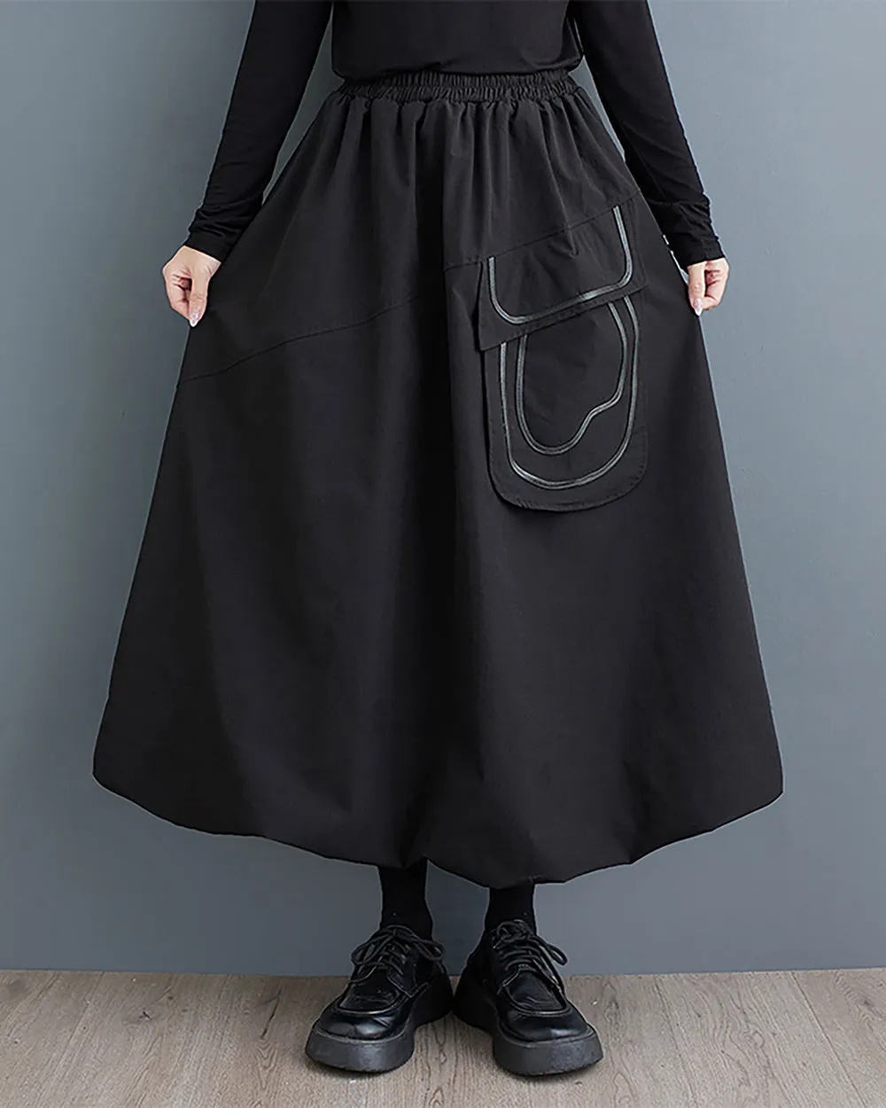 ellazhu Women's Skirt Wide Legs Elastic Waist Flowy Hem Pockets Solid Baggy Loose Oversize GZ265