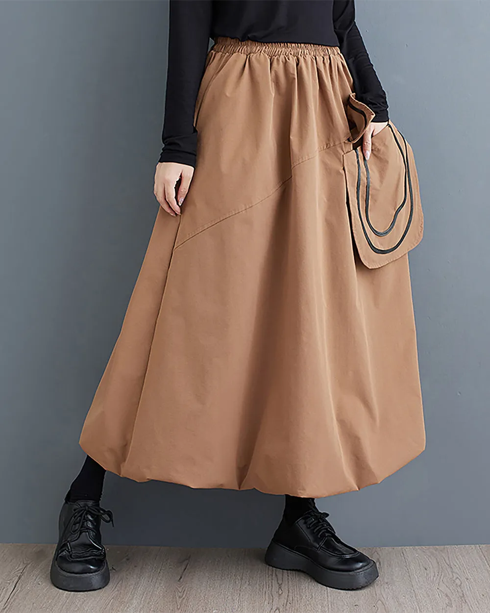 ellazhu Women's Skirt Wide Legs Elastic Waist Flowy Hem Pockets Solid Baggy Loose Oversize GZ265