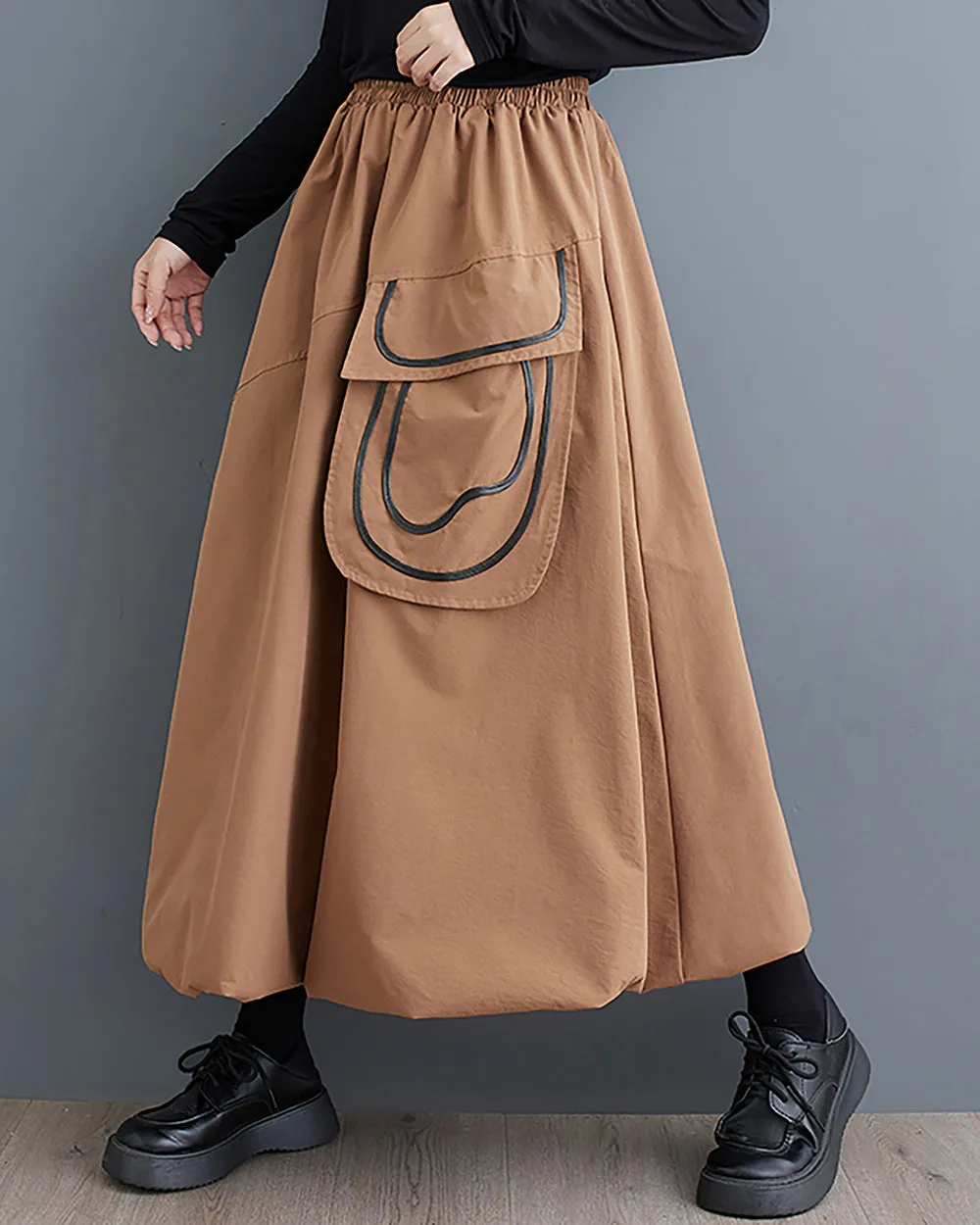 ellazhu Women's Skirt Wide Legs Elastic Waist Flowy Hem Pockets Solid Baggy Loose Oversize GZ265
