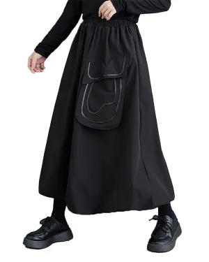 ellazhu Women's Skirt Wide Legs Elastic Waist Flowy Hem Pockets Solid Baggy Loose Oversize GZ265