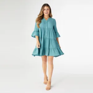 Lilith Elbow Sleeve Gauze Dress - Blue Surf
