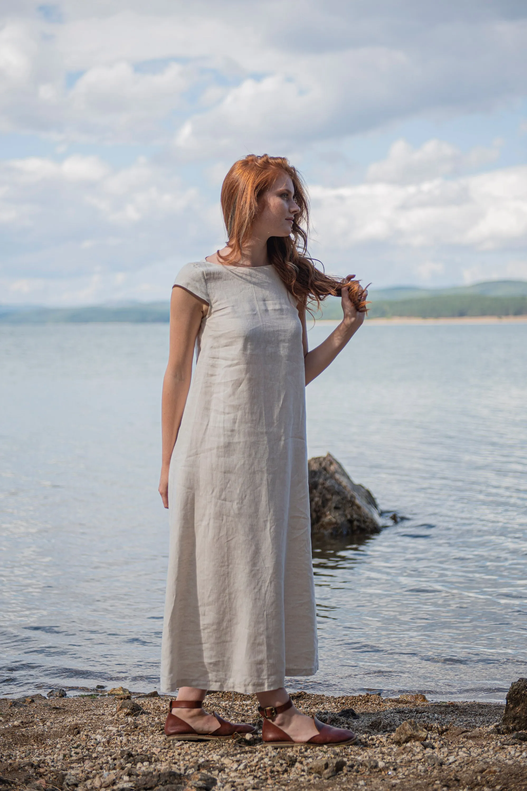 Linen Midi Dress with Cap Sleeves