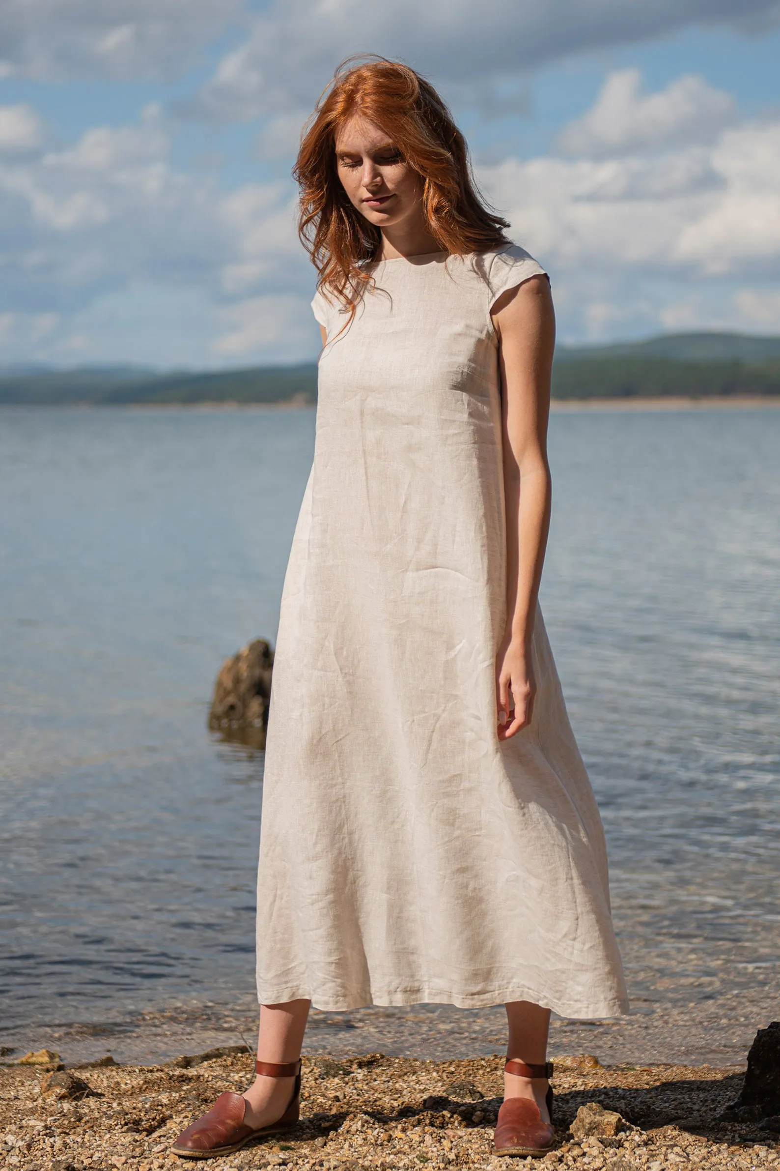 Linen Midi Dress with Cap Sleeves