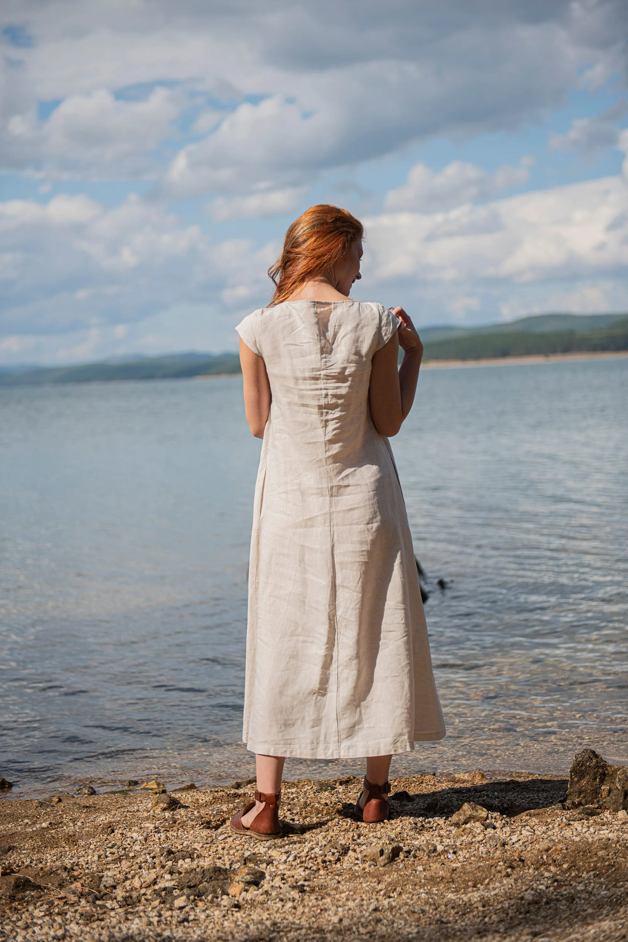 Linen Midi Dress with Cap Sleeves