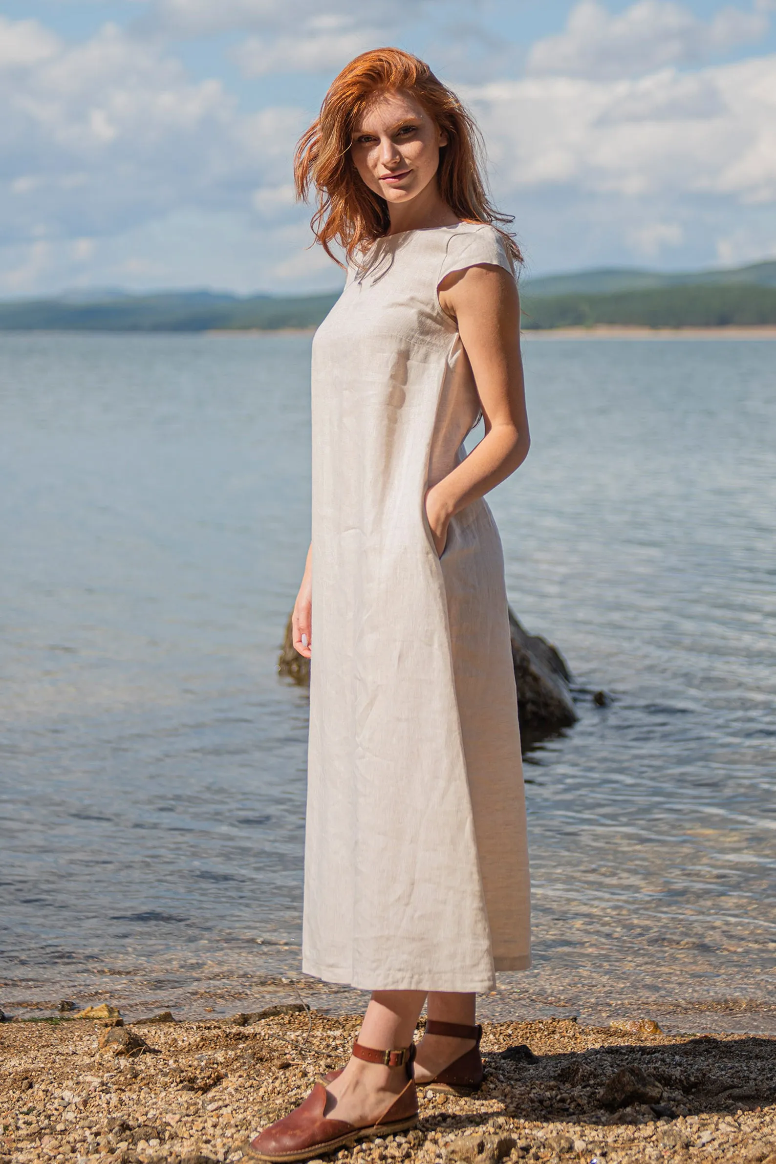 Linen Midi Dress with Cap Sleeves
