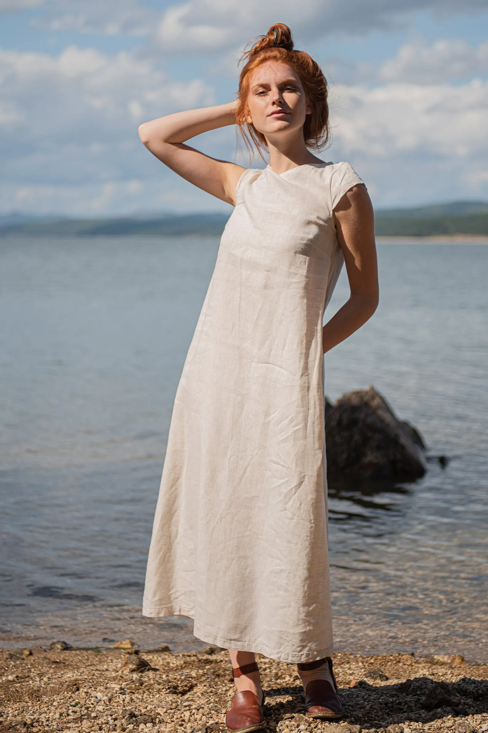 Linen Midi Dress with Cap Sleeves