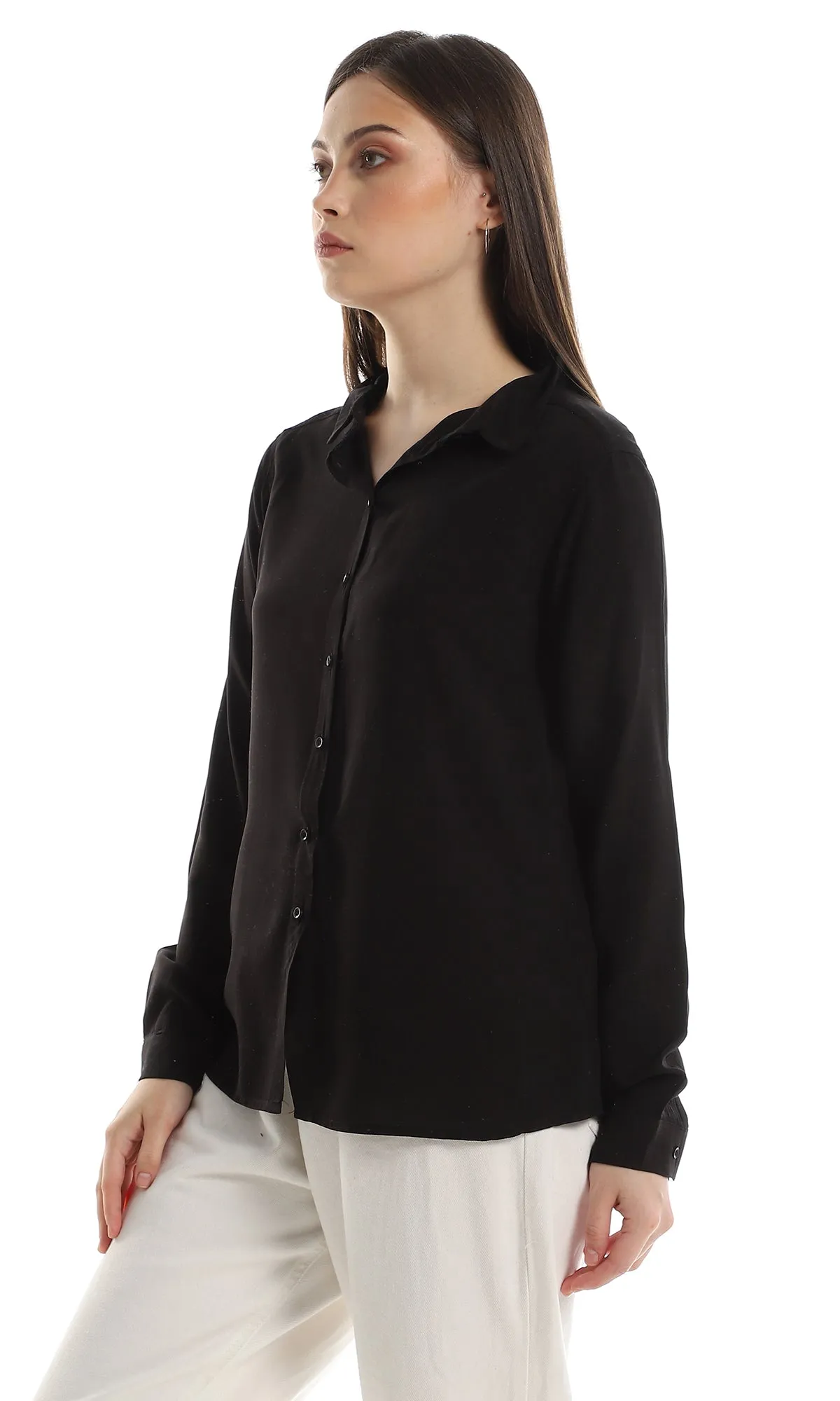 O151300 Plain Rayon Simple Buttoned Shirt - Black