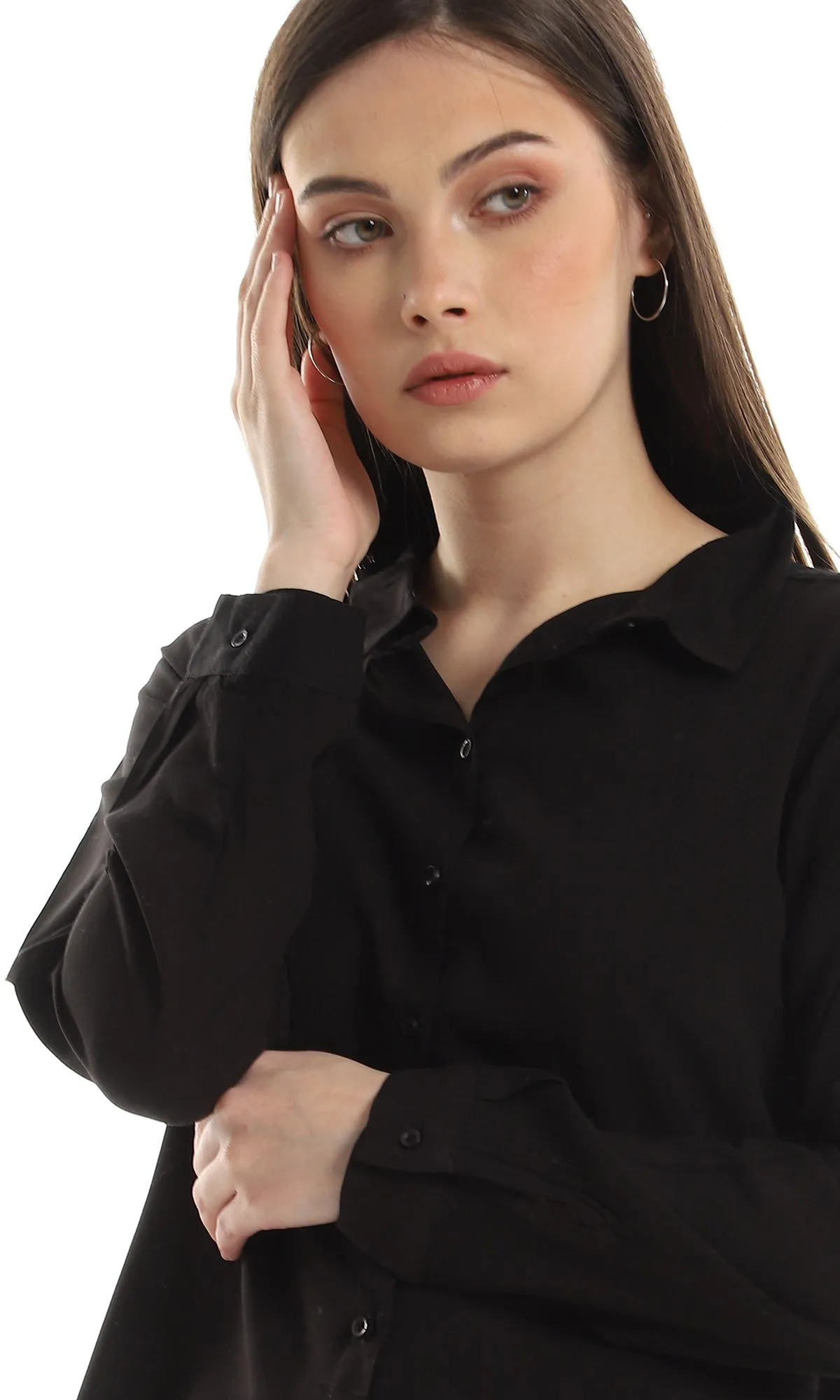 O151300 Plain Rayon Simple Buttoned Shirt - Black