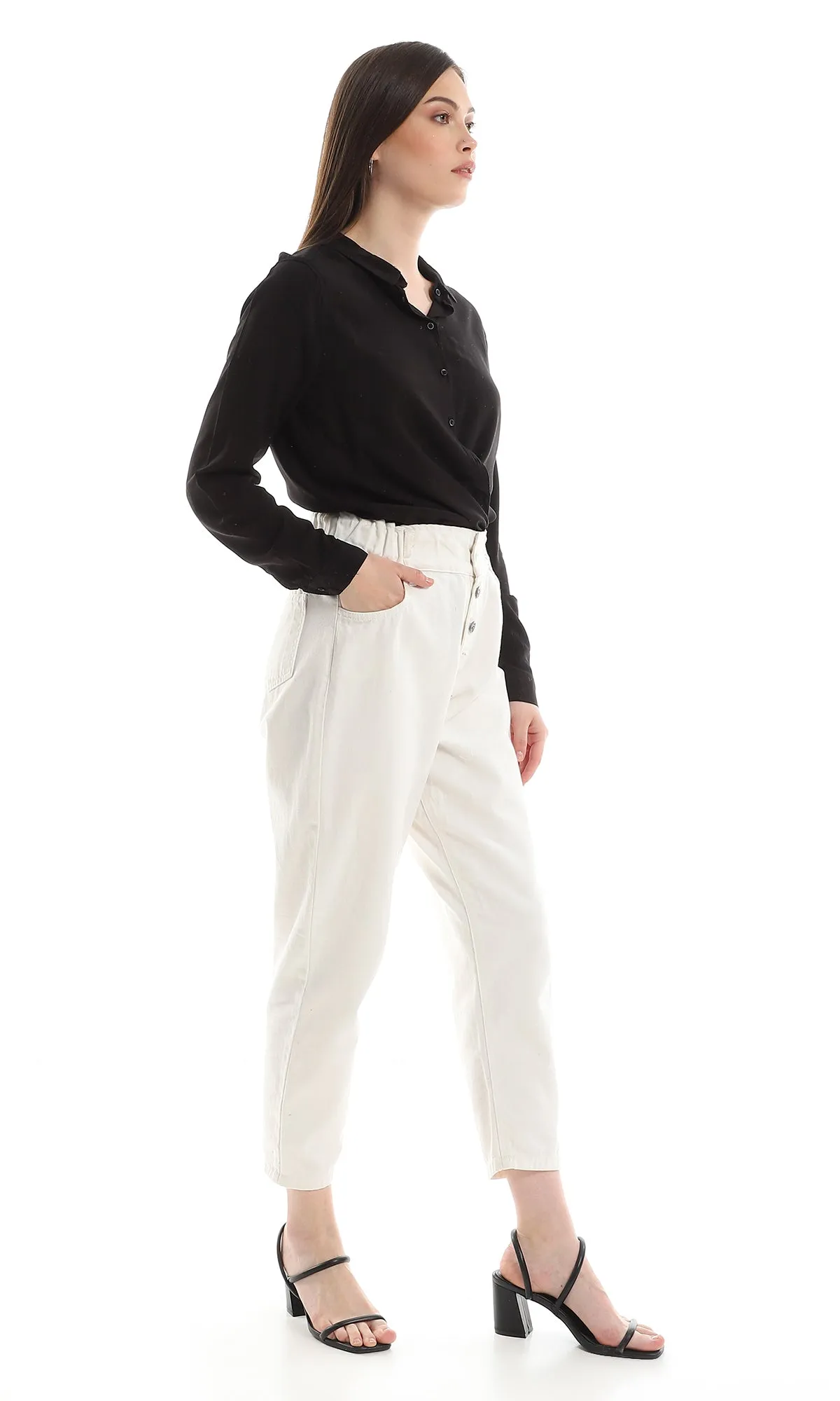 O151300 Plain Rayon Simple Buttoned Shirt - Black