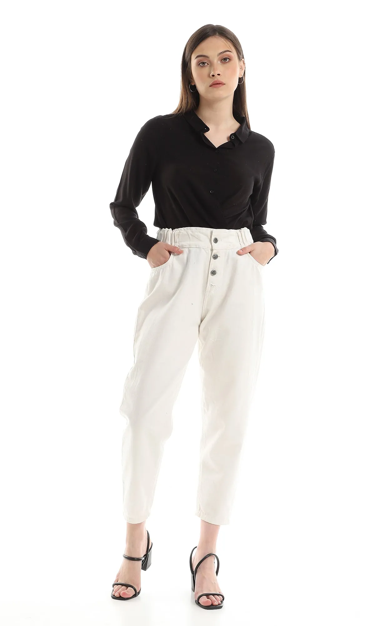 O151300 Plain Rayon Simple Buttoned Shirt - Black