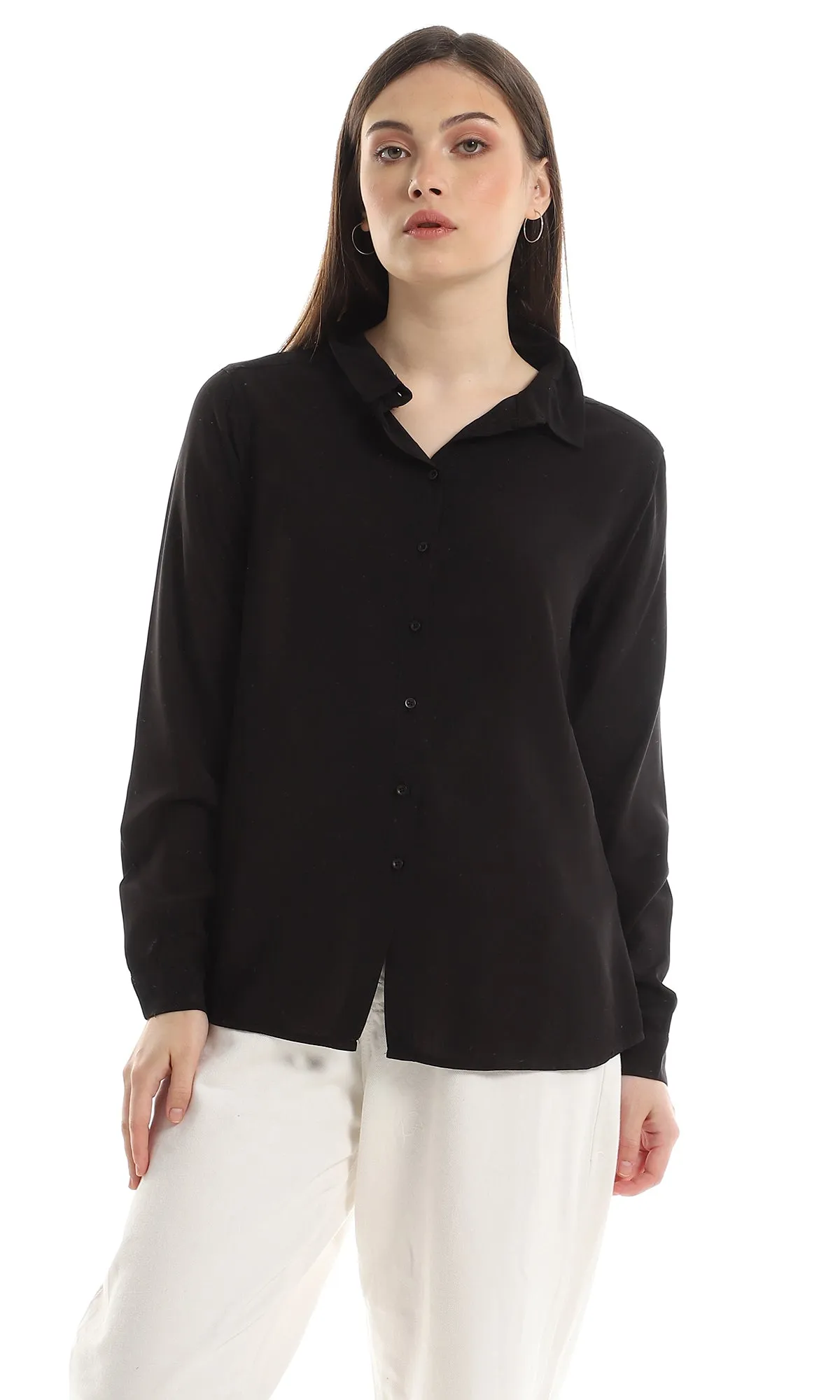 O151300 Plain Rayon Simple Buttoned Shirt - Black