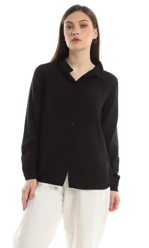 O151300 Plain Rayon Simple Buttoned Shirt - Black