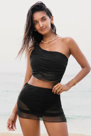 Online Black Pleated Mesh One Shoulder Bikini Top and Skirts Set
