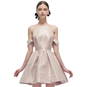 Pink Back Bow Jacquard Retro Dress