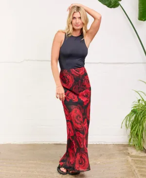 Red Rose Floral Chiffon Maxi Skirt