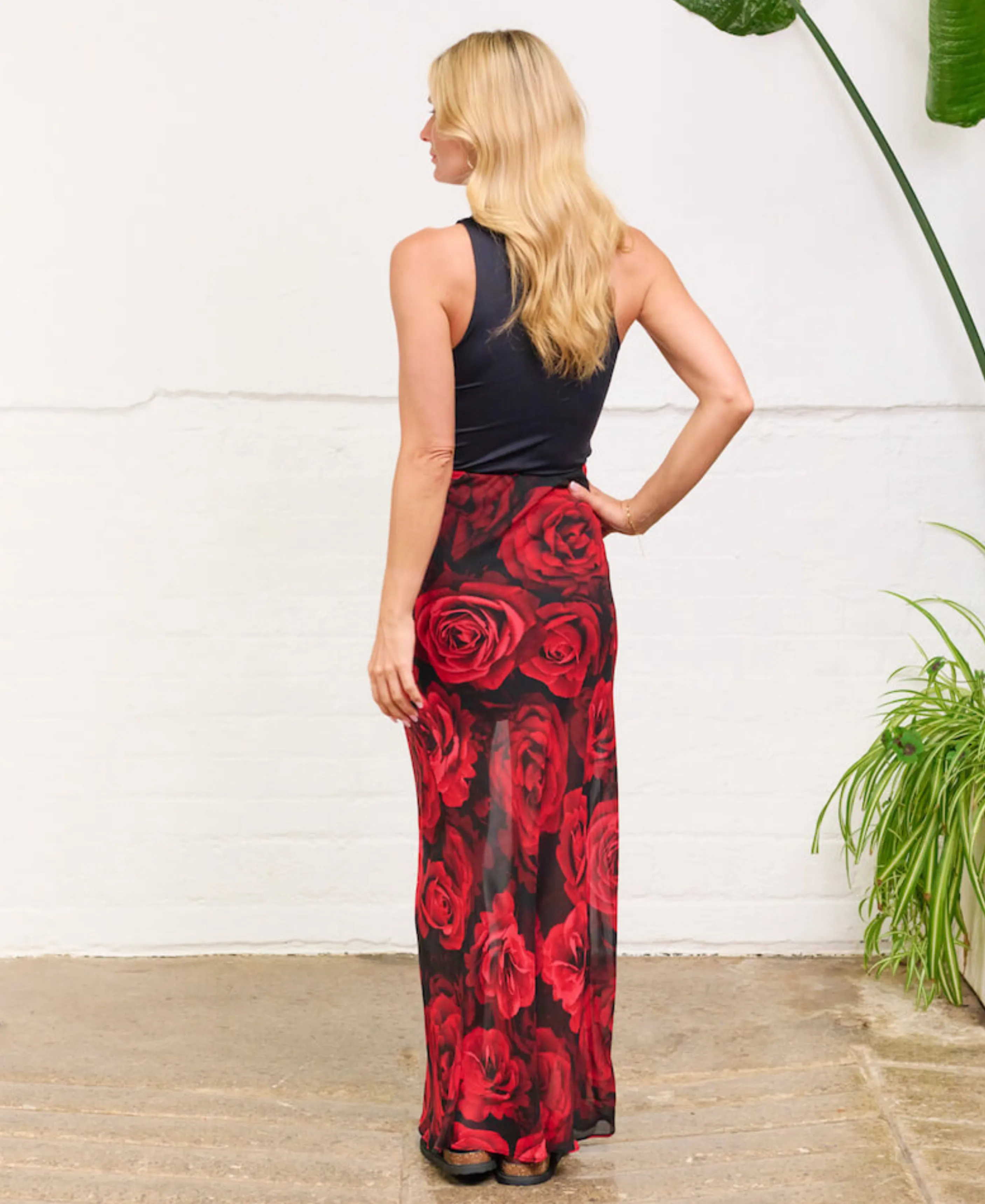 Red Rose Floral Chiffon Maxi Skirt