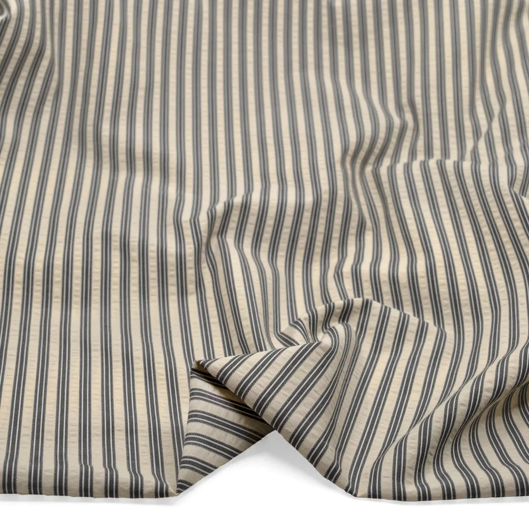 Remnant - 1.4m - Medley Stripe Poly Cotton Seersucker - Stone