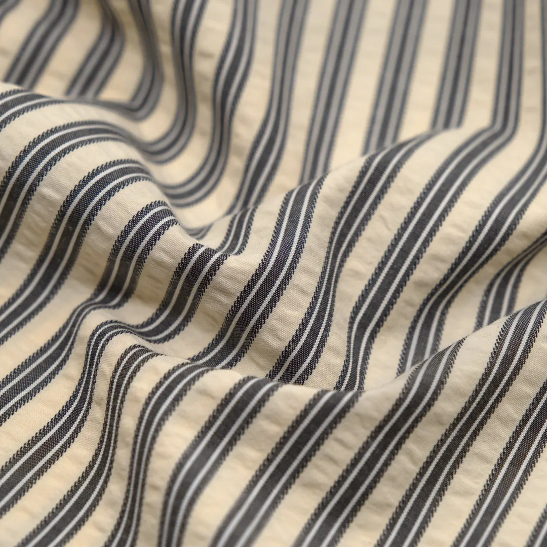 Remnant - 1.4m - Medley Stripe Poly Cotton Seersucker - Stone