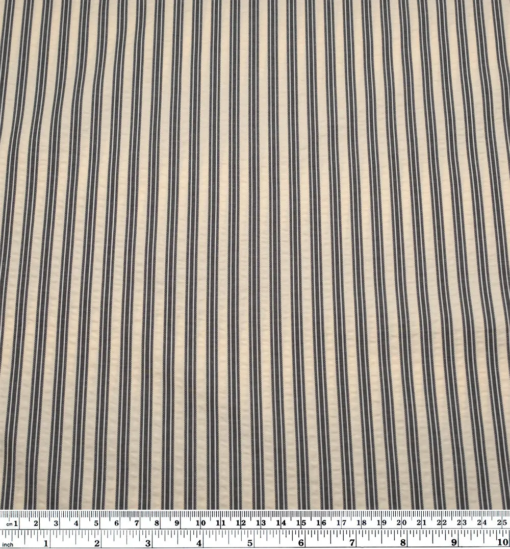 Remnant - 1.4m - Medley Stripe Poly Cotton Seersucker - Stone