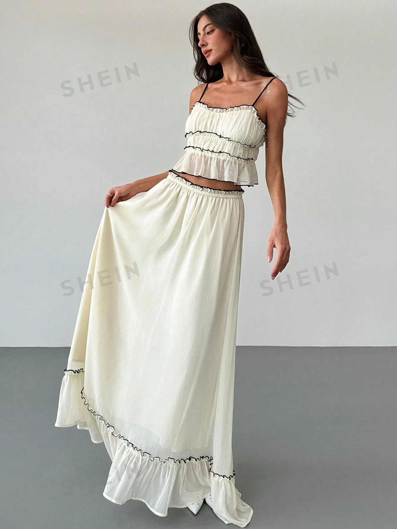 Romantic Date/ Vacation Contrast Trim Texture Layered Camisole Top   Contrast Trim Umbrella Skirt Two-Piece Set For Women