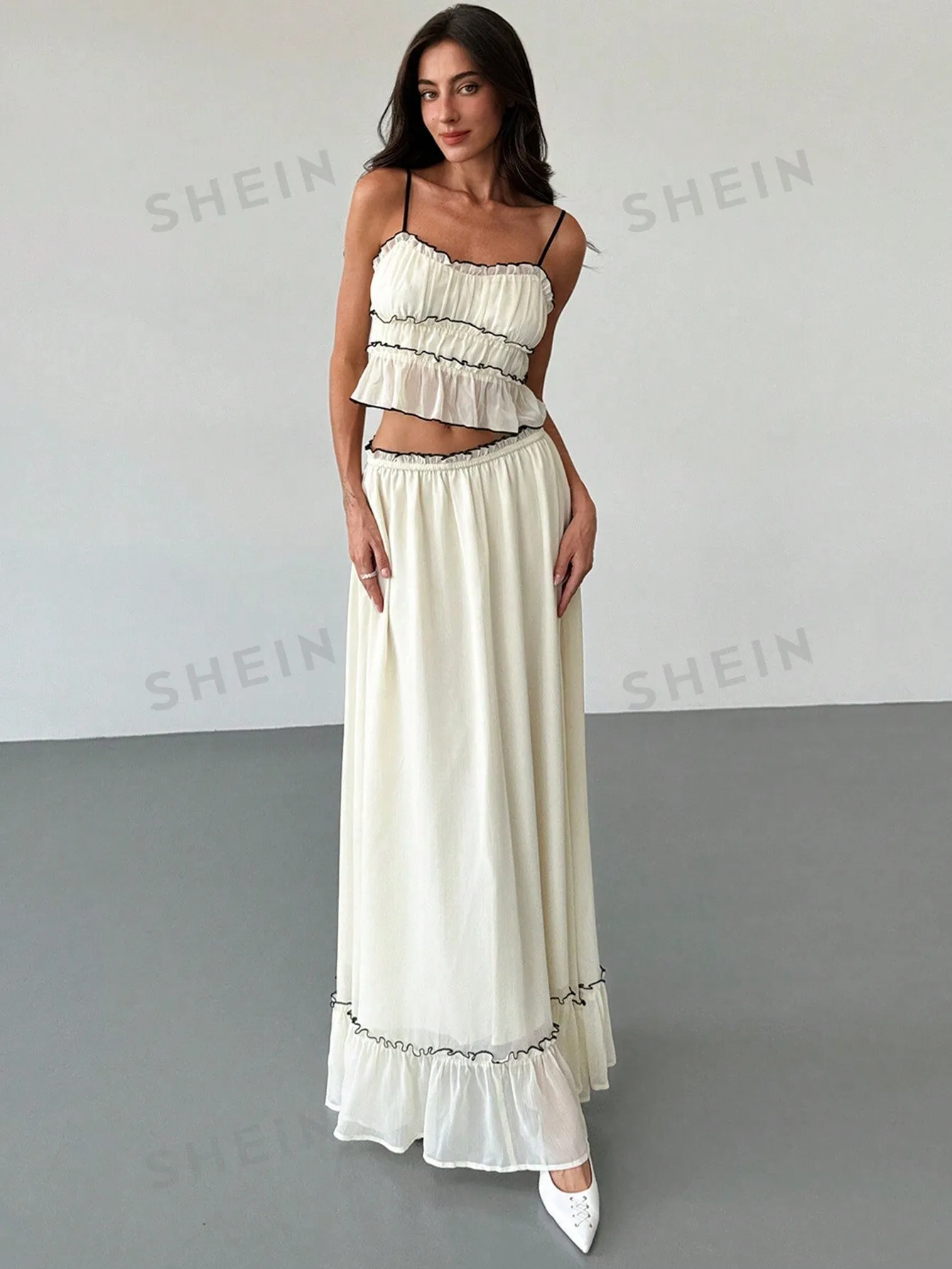 Romantic Date/ Vacation Contrast Trim Texture Layered Camisole Top   Contrast Trim Umbrella Skirt Two-Piece Set For Women