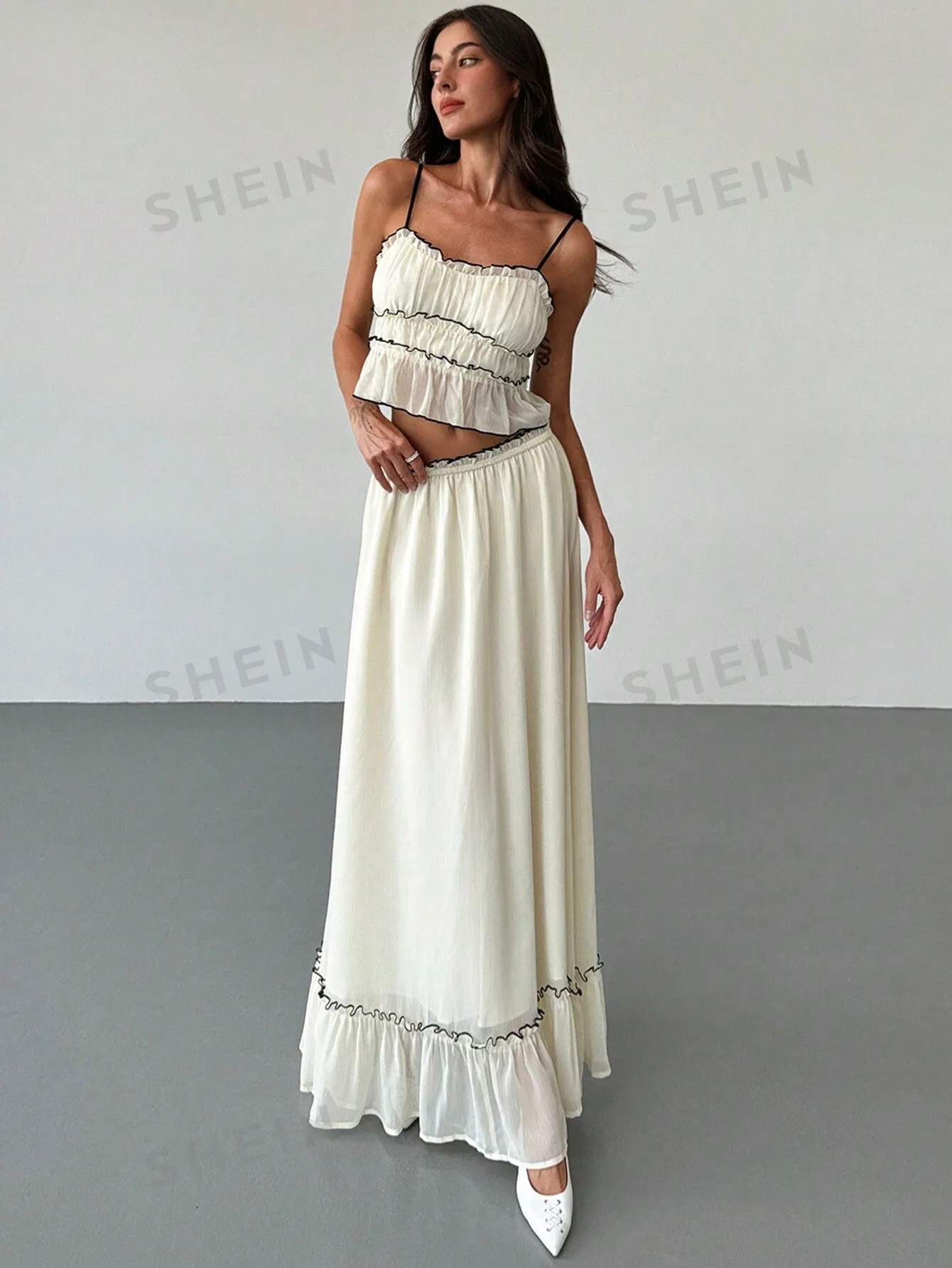 Romantic Date/ Vacation Contrast Trim Texture Layered Camisole Top   Contrast Trim Umbrella Skirt Two-Piece Set For Women