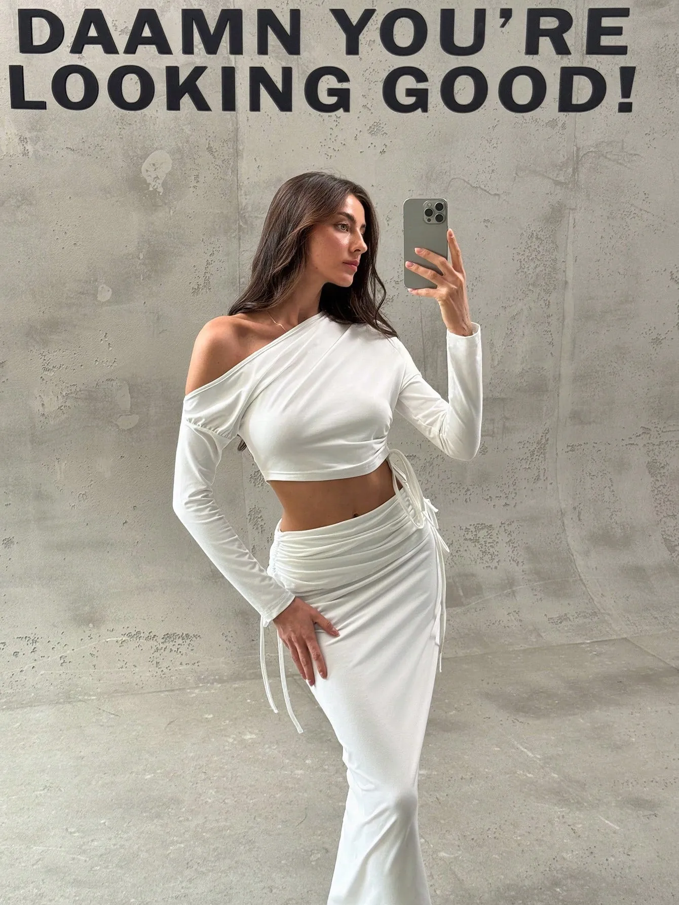 Romantic Minimalist Asymmetric Long Sleeve Ruched Slim Fit Crop Top   Drawstring Waist Maxi Skirt