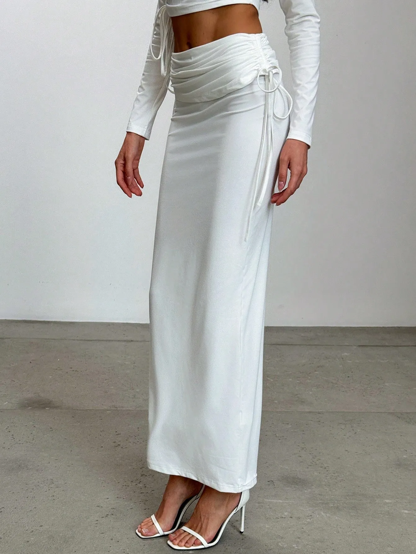 Romantic Minimalist Asymmetric Long Sleeve Ruched Slim Fit Crop Top   Drawstring Waist Maxi Skirt
