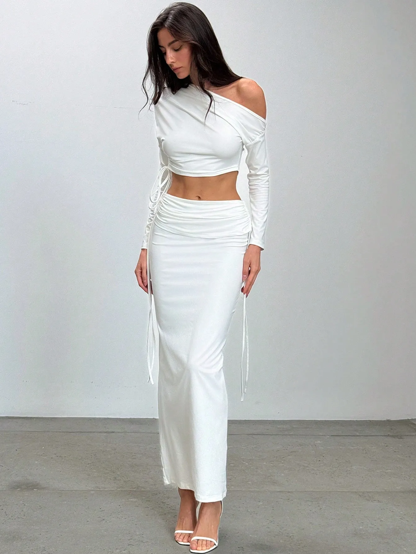 Romantic Minimalist Asymmetric Long Sleeve Ruched Slim Fit Crop Top   Drawstring Waist Maxi Skirt