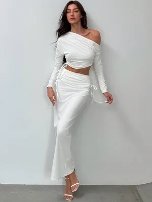 Romantic Minimalist Asymmetric Long Sleeve Ruched Slim Fit Crop Top   Drawstring Waist Maxi Skirt