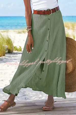 Soft Breeze Linen Blend Front Button Down Midi Skirt