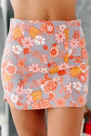 Staying Groovy Floral Printed Mini Skirt (Grey Multi)