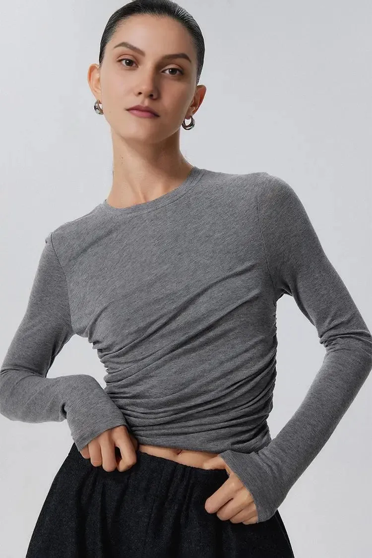 Tencel Long Sleeve Crop Top with Ruched Waist