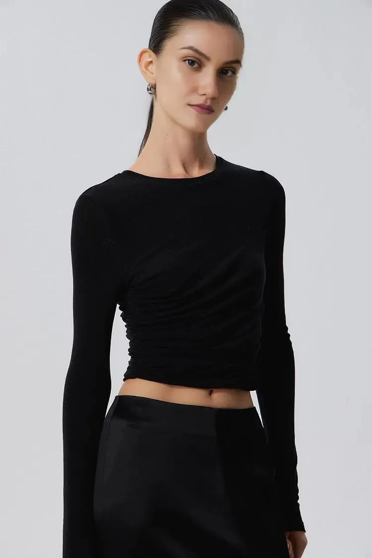 Tencel Long Sleeve Crop Top with Ruched Waist