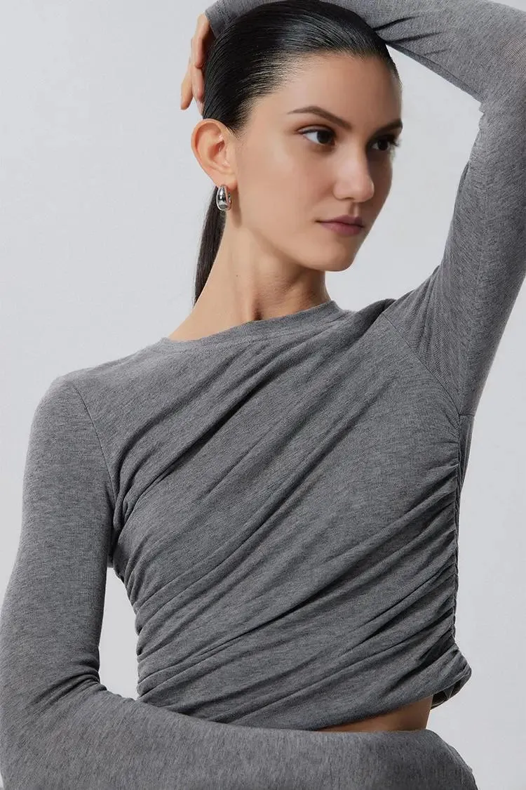 Tencel Long Sleeve Crop Top with Ruched Waist