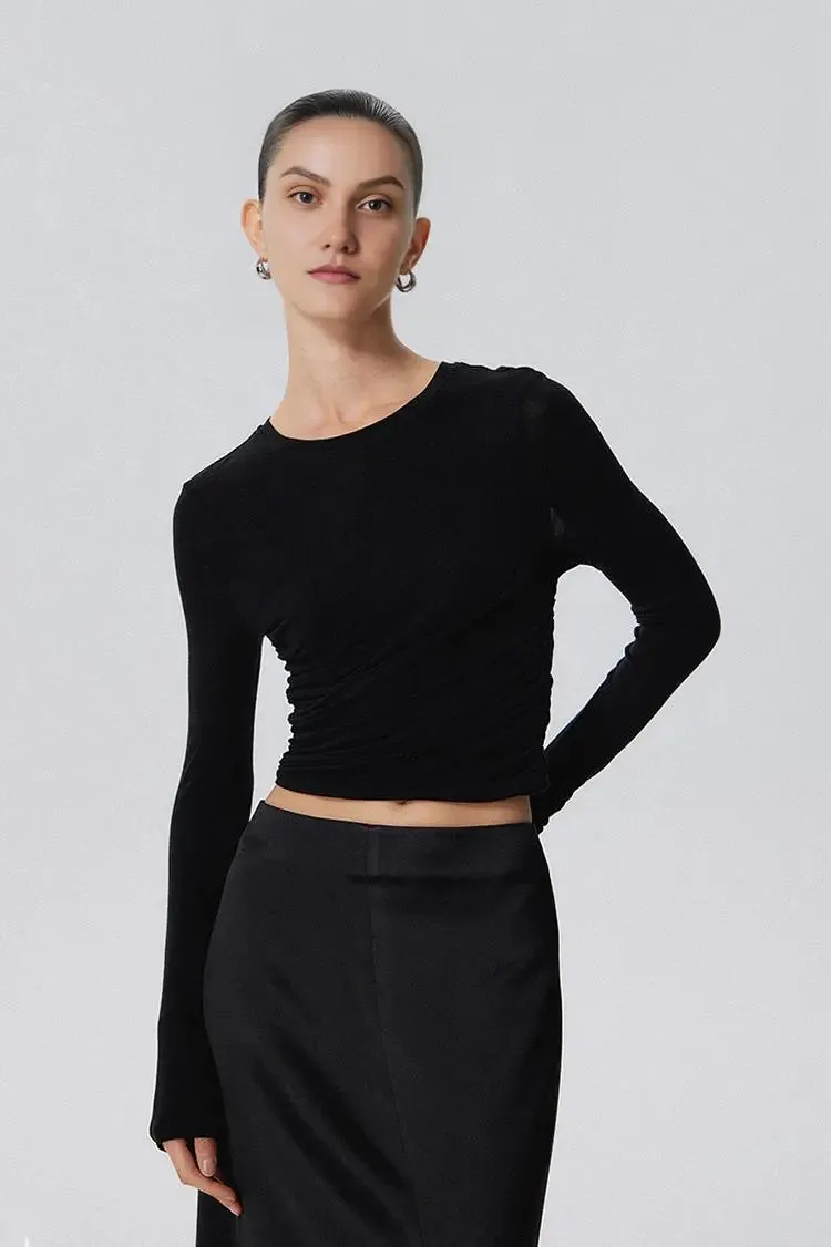 Tencel Long Sleeve Crop Top with Ruched Waist